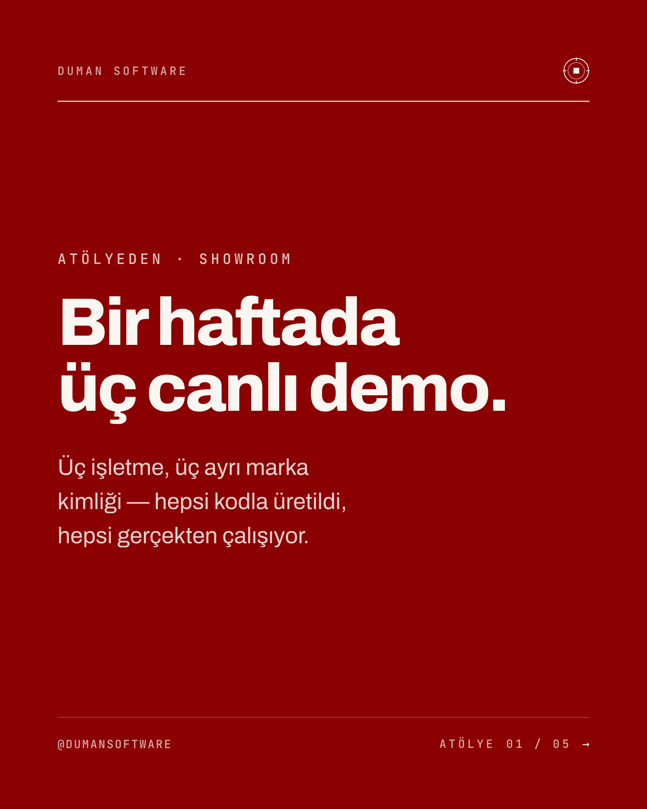 Atölyeden: bir haftada üç canlı demo, hepsi kodla üretildi.